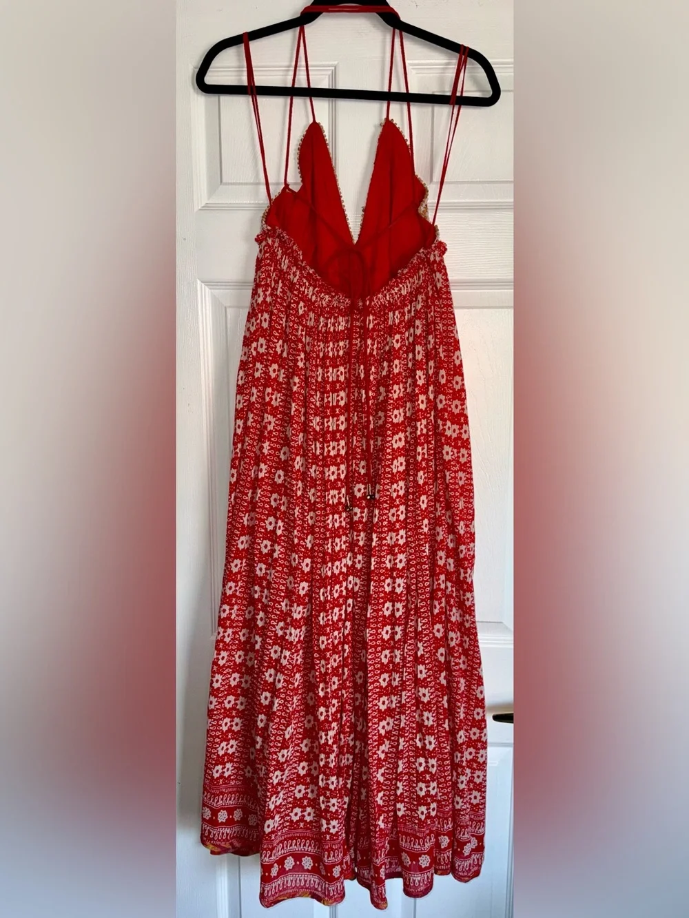 FREE PEOPLE Red White Beaded Embroidered Mirror Strappy Good Vibes Midi Maxi L